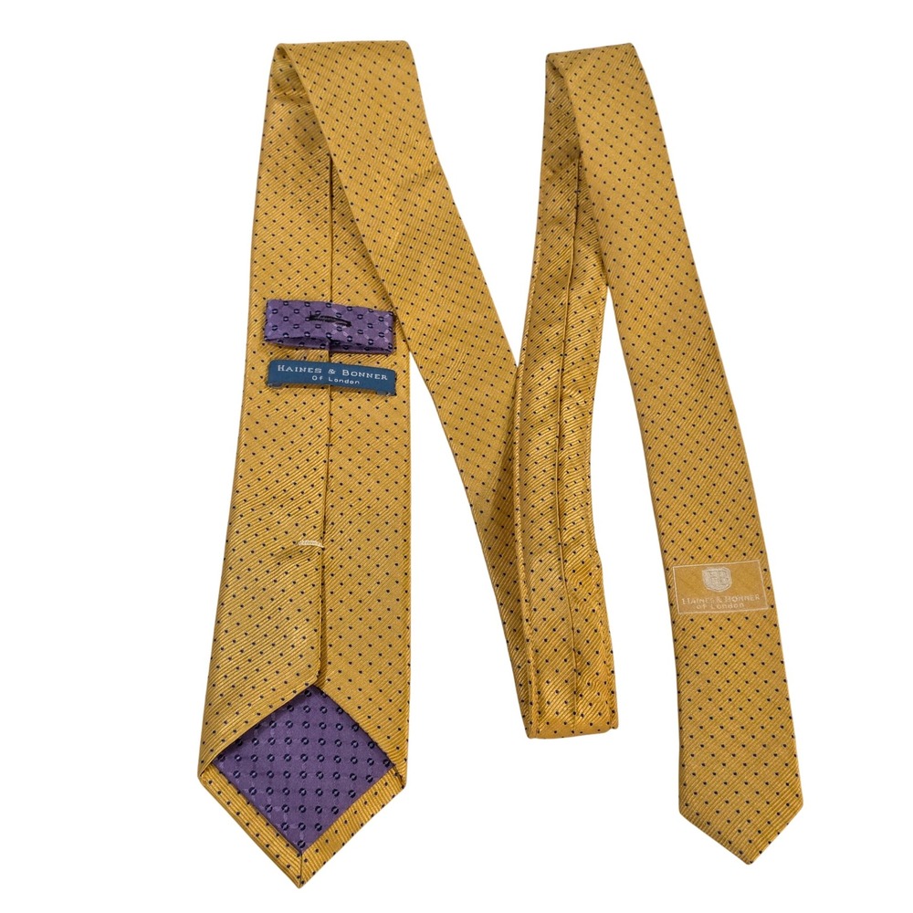 Haines & Bonner London Mens Yellow Blue Polka Dot Silk Handmade Necktie 3.5in